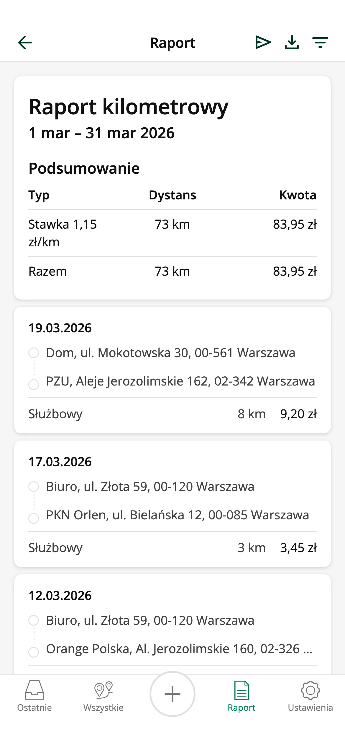 Natychmiastowe raporty przebiegu
